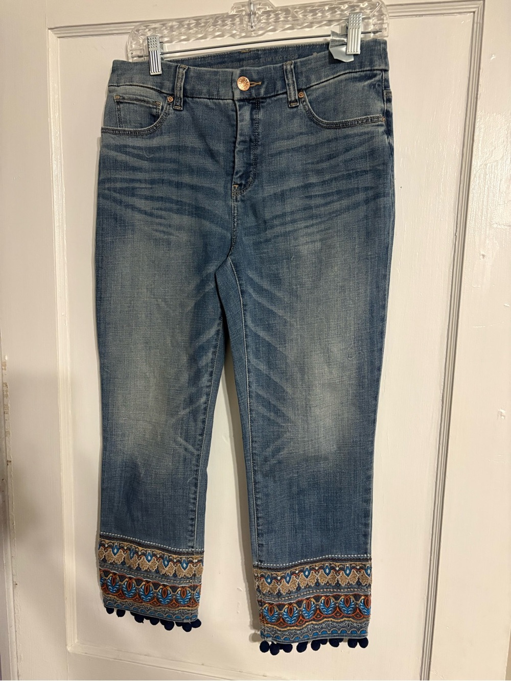 Chico's Blue Embroidered-Cuff Cropped Jeans